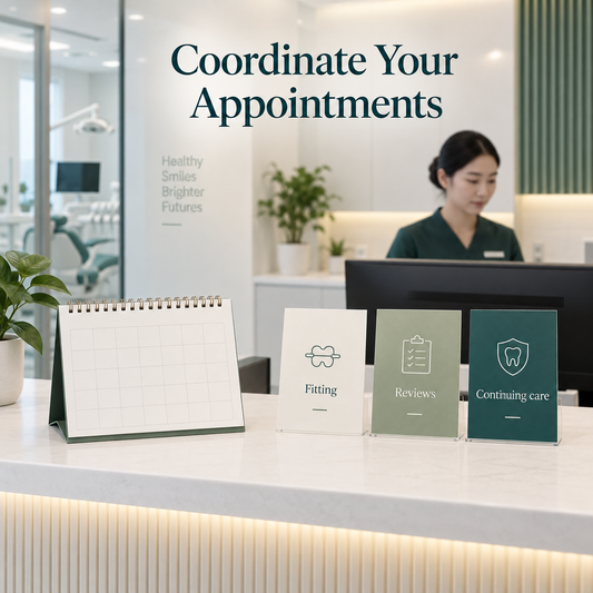 Repeat appointments and care between visits are coordinated. Educational illustration.