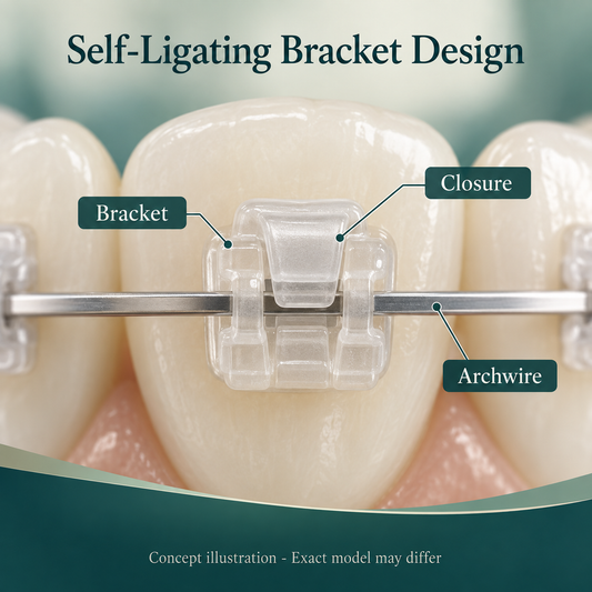 Educational macro of ONE translucent tooth-coloured ceramic bracket with closed built-in door over the thin archwire. Educational illustration.