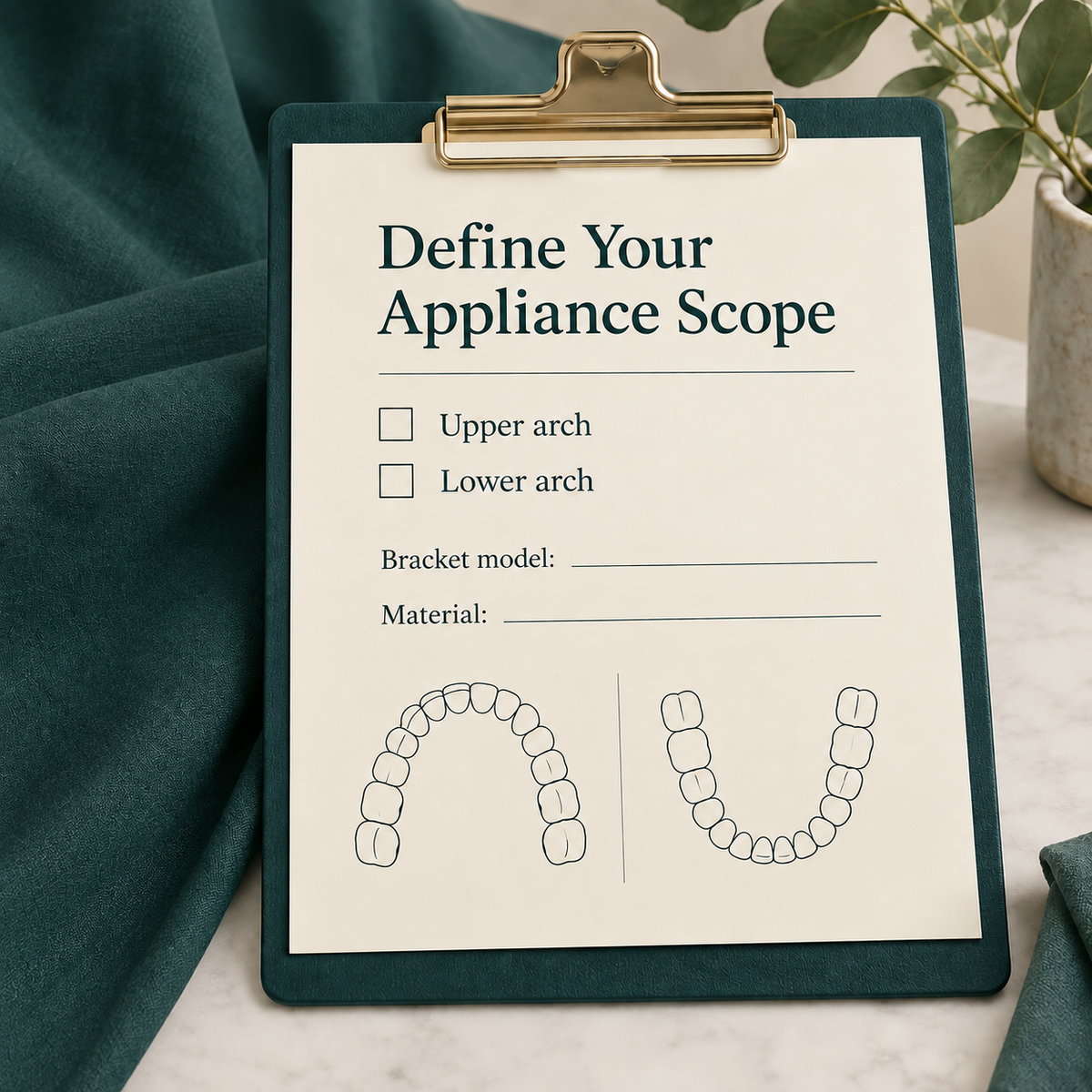 Ivory quotation with empty checkboxes "Upper arch" "Lower arch", blank fields "Bracket model" "Material" and two simple unbracketed arch outlines. Educational illustration.