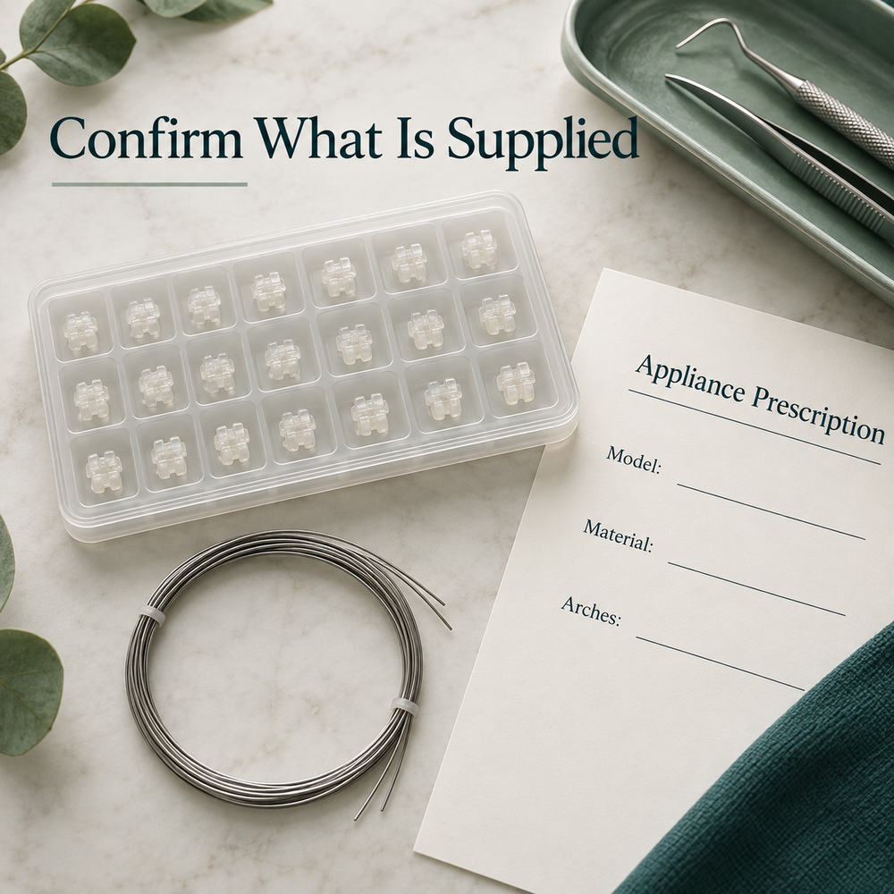 Flatlay unbranded translucent tooth-coloured ceramic bracket tray and coiled archwire beside blank order sheet "Appliance Prescription", fields "Model", "Material", "Arches". Educational illustration.