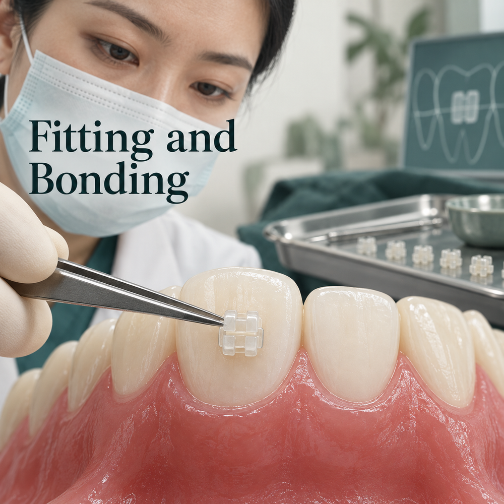 Close educational macro tweezers positioning one translucent tooth-coloured ceramic bracket on OUTER incisor surface with adjacent tooth bare. Educational illustration.