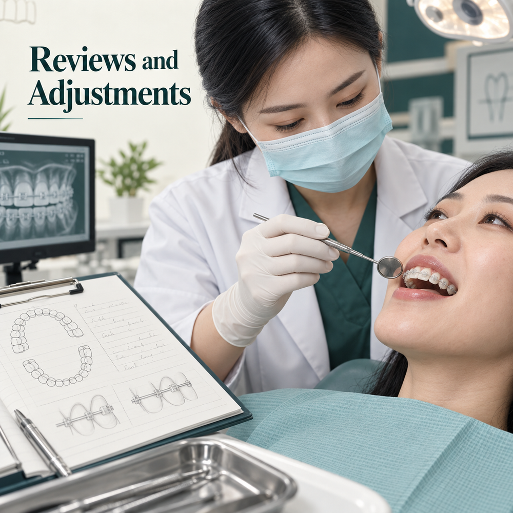 Chinese female orthodontist in mask checks adult patient fixed braces with translucent tooth-coloured ceramic brackets and slim archwire using dental mirror. Educational illustration.