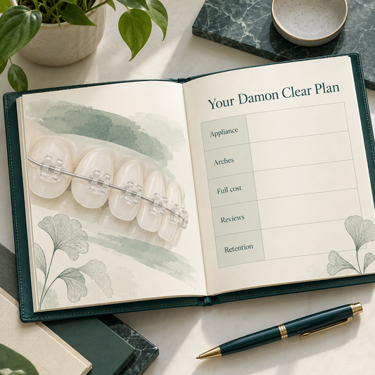 Open folio titled "Your Damon Clear Plan", blank rows "Appliance", "Arches", "Full cost", "Reviews", "Retention". Educational illustration.