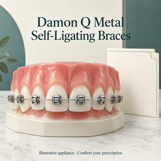 Large teaching upper dental arch with silver metal brackets centered on OUTER tooth faces, one slim metal archwire with a visible built-in self-ligating door and no elastic ties. Educational illustration.