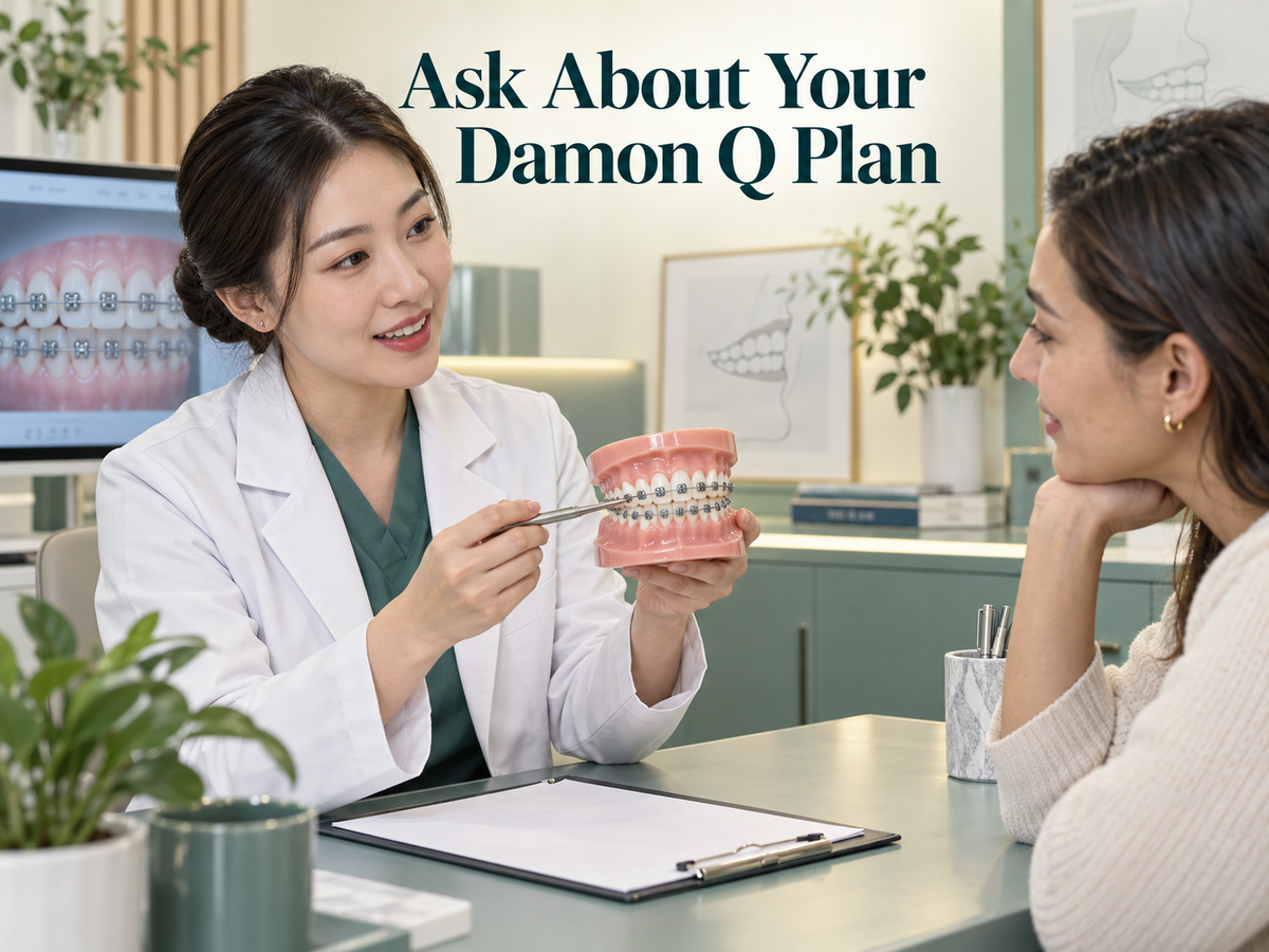 Chinese female orthodontist explains a teaching model with silver metal OUTER brackets and slim archwire to an adult international patient at a clinic desk. Educational illustration.
