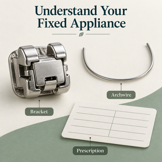 Macro isolated silver metal bracket with a visible built-in self-ligating door and no elastic ties, a separate slim U-shaped archwire and blank prescription card. Educational illustration.