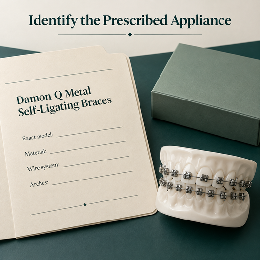 Ivory prescription folder with text "Damon Q Metal Self-Ligating Braces" and blank fields "Exact model", "Material", "Wire system", "Arches". Educational illustration.