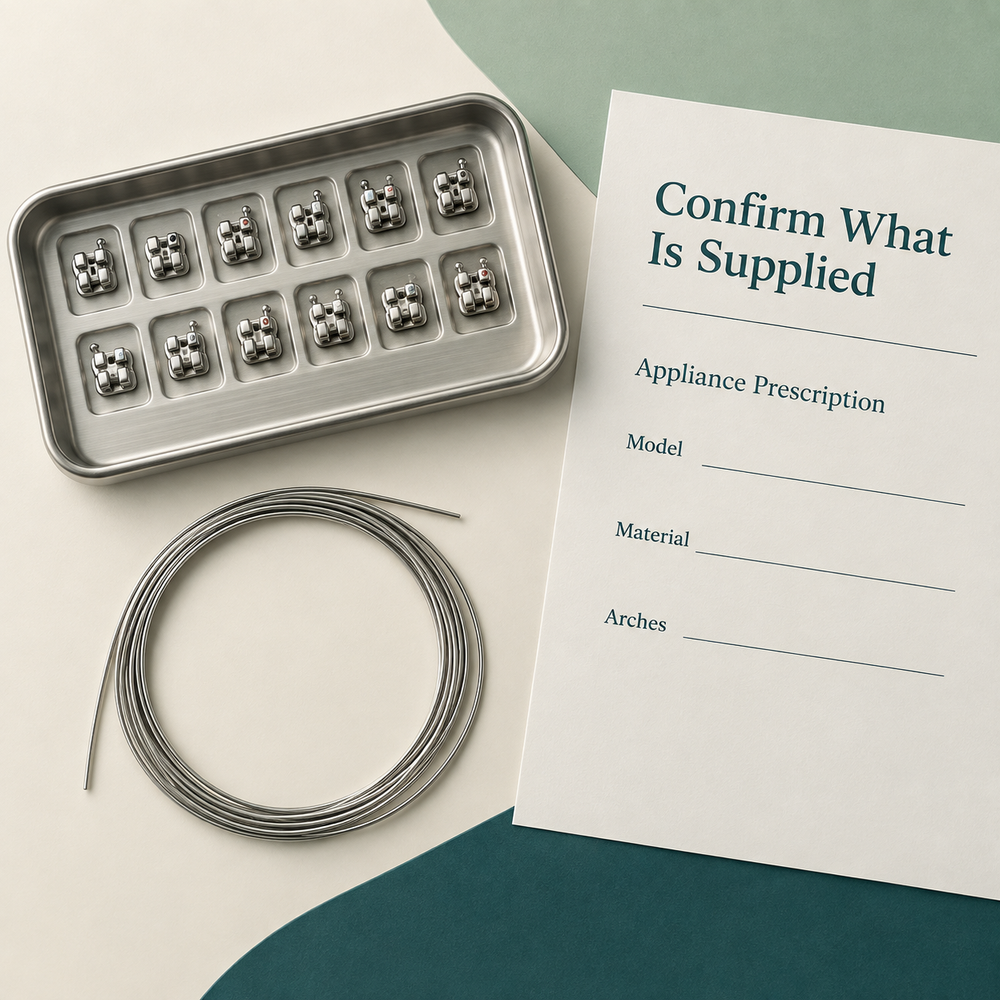 Flatlay unbranded silver metal bracket tray and coiled archwire beside blank order sheet "Appliance Prescription", fields "Model", "Material", "Arches". Educational illustration.