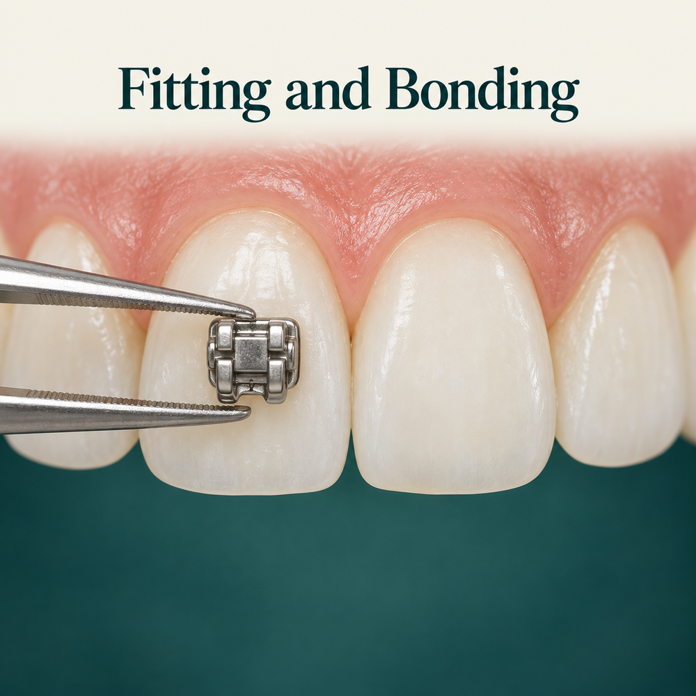 Close educational macro tweezers positioning one silver metal bracket on OUTER incisor surface with adjacent tooth bare. Educational illustration.