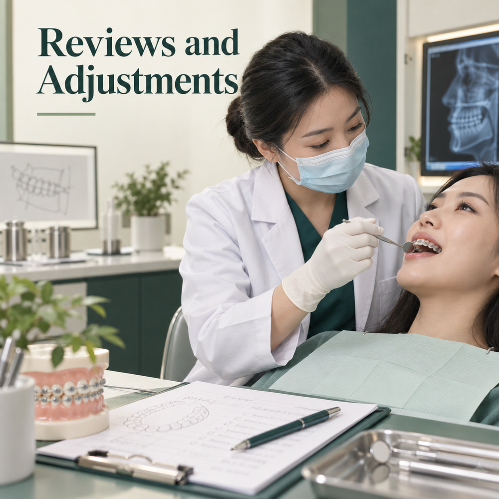 Chinese female orthodontist in mask checks adult patient fixed braces with silver metal brackets and slim archwire using dental mirror. Educational illustration.