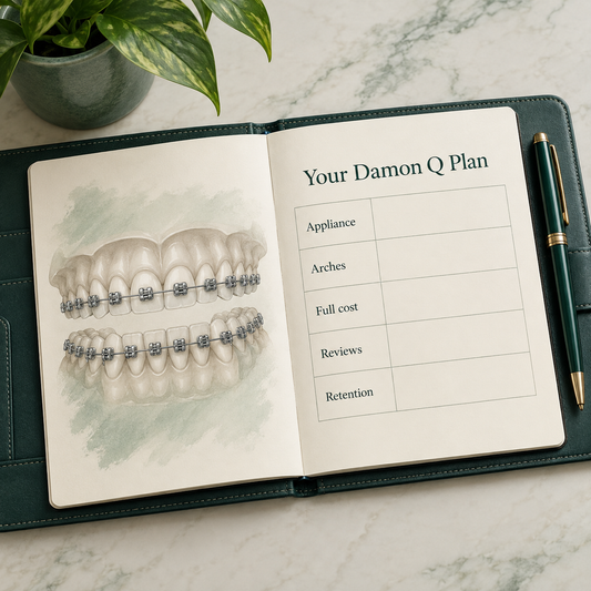 Open folio titled "Your Damon Q Plan", blank rows "Appliance", "Arches", "Full cost", "Reviews", "Retention". Educational illustration.