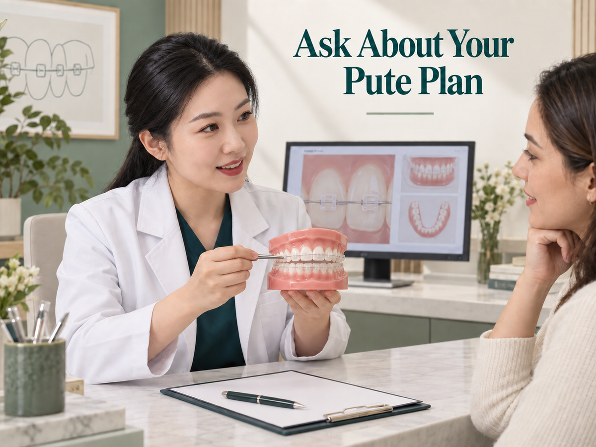 Chinese female orthodontist explains a teaching model with translucent tooth-coloured ceramic OUTER brackets and slim archwire to an adult international patient at a clinic desk. Educational illustration.
