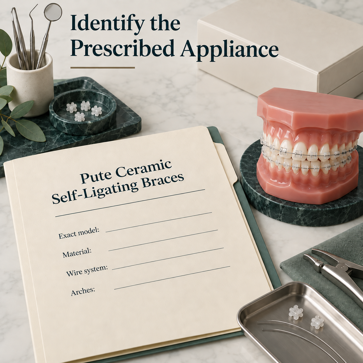 Ivory prescription folder with text "Pute Ceramic Self-Ligating Braces" and blank fields "Exact model", "Material", "Wire system", "Arches". Educational illustration.