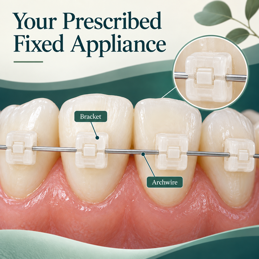 Large educational macro four natural ivory teeth with small translucent tooth-coloured ceramic brackets on OUTER faces and one metal archwire with a visible built-in self-ligating door and no elastic ties. Educational illustration.