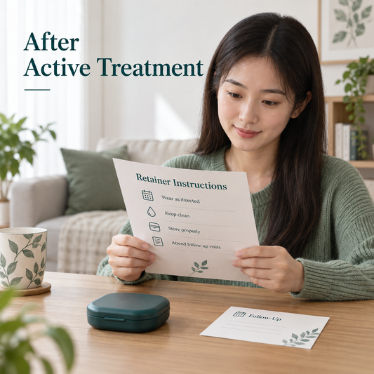 After active treatment, retention instructions and continuing care remain important. Educational illustration.