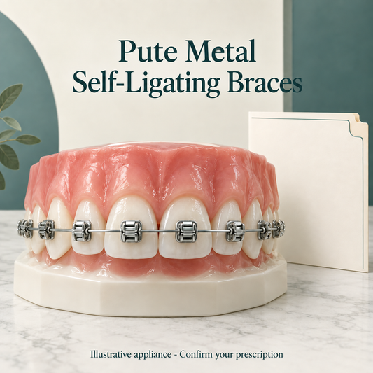 Large teaching upper dental arch with silver metal brackets centered on OUTER tooth faces, one slim metal archwire with a visible built-in self-ligating door and no elastic ties. Educational illustration.