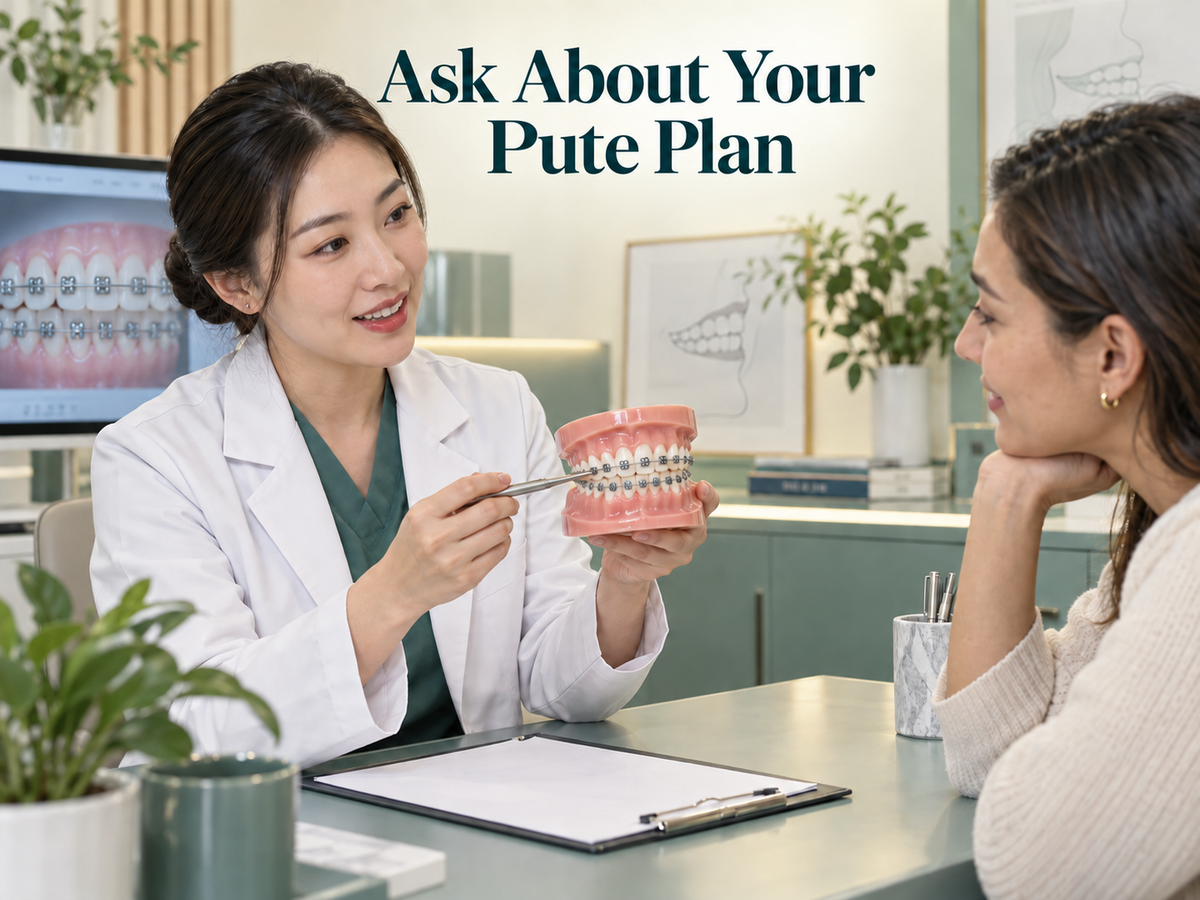 Chinese female orthodontist explains a teaching model with silver metal OUTER brackets and slim archwire to an adult international patient at a clinic desk. Educational illustration.