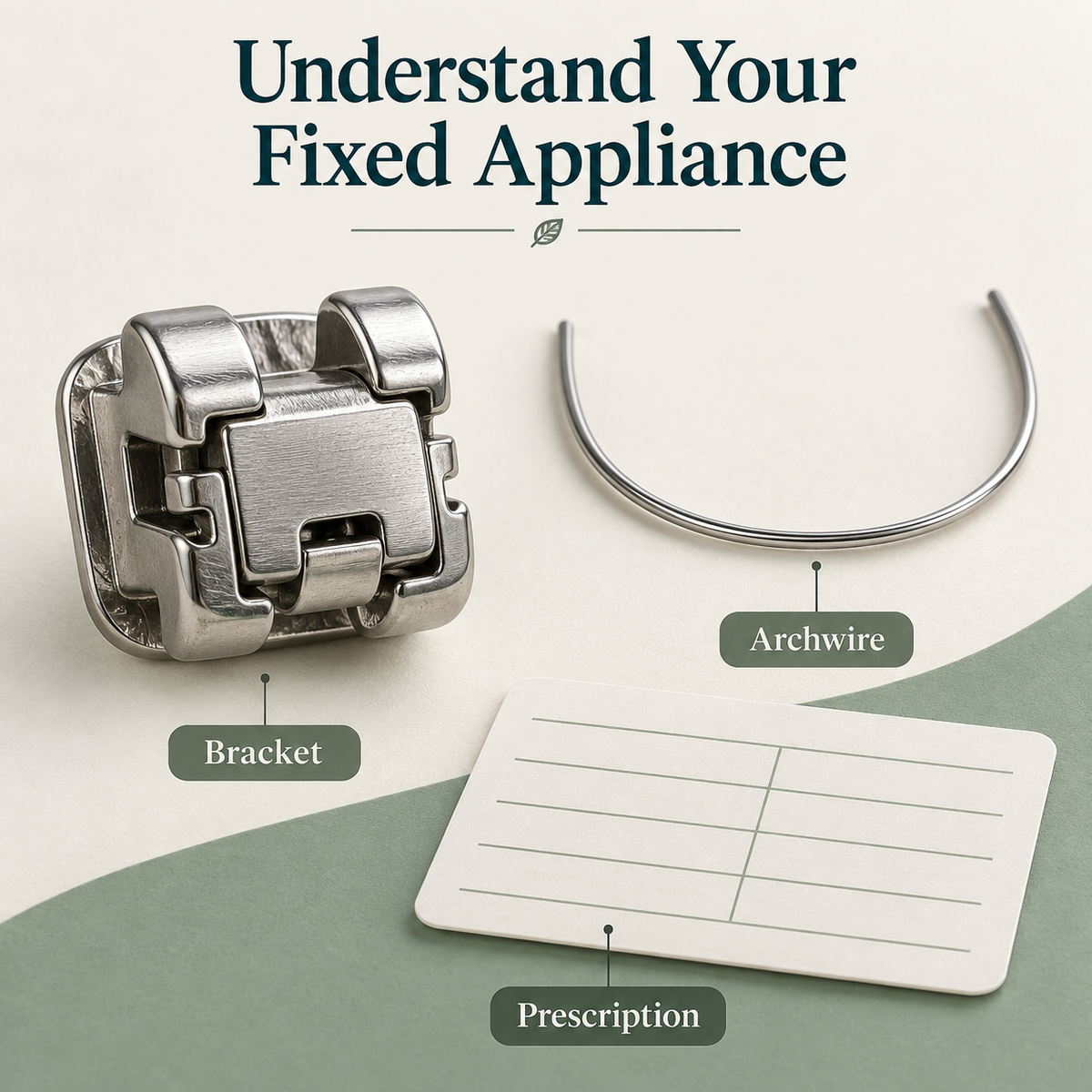 Macro isolated silver metal bracket with a visible built-in self-ligating door and no elastic ties, a separate slim U-shaped archwire and blank prescription card. Educational illustration.