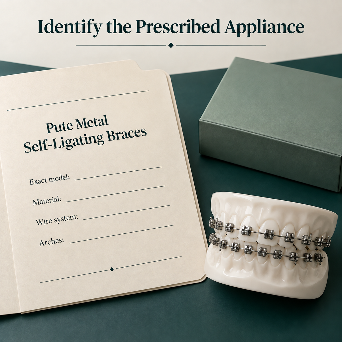 Ivory prescription folder with text "Pute Metal Self-Ligating Braces" and blank fields "Exact model", "Material", "Wire system", "Arches". Educational illustration.
