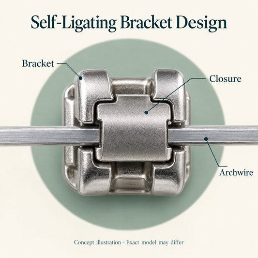 Educational macro of ONE silver metal bracket with closed built-in door over the thin archwire. Educational illustration.