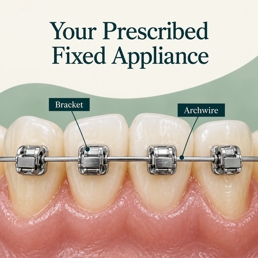 Large educational macro four natural ivory teeth with small silver metal brackets on OUTER faces and one metal archwire with a visible built-in self-ligating door and no elastic ties. Educational illustration.
