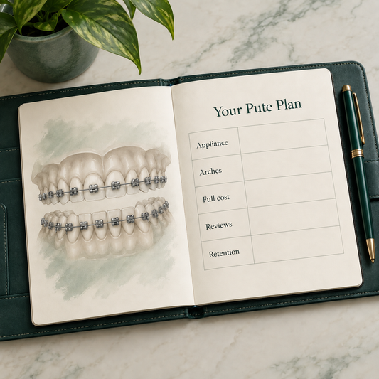 Open folio titled "Your Pute Plan", blank rows "Appliance", "Arches", "Full cost", "Reviews", "Retention". Educational illustration.