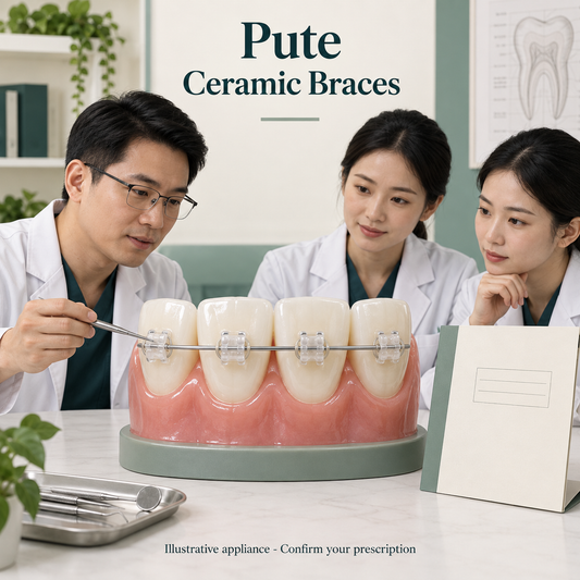 Large teaching upper dental arch with translucent tooth-coloured ceramic brackets centered on OUTER tooth faces, one slim metal archwire with simple conventional bracket wings and neutral ligature ties. Educational illustration.