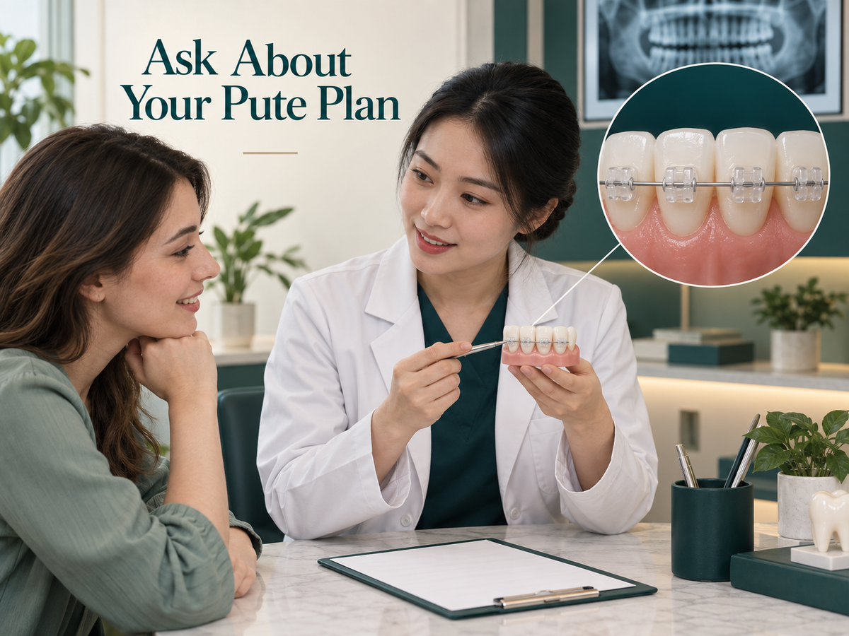 Chinese female orthodontist explains a teaching model with translucent tooth-coloured ceramic OUTER brackets and slim archwire to an adult international patient at a clinic desk. Educational illustration.