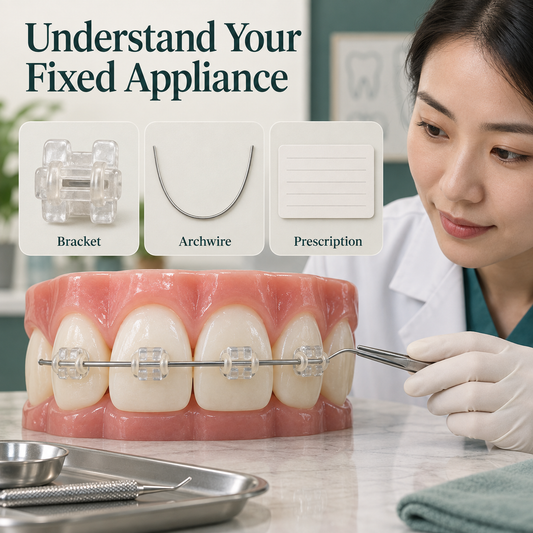 Macro isolated translucent tooth-coloured ceramic bracket with simple conventional bracket wings and neutral ligature ties, a separate slim U-shaped archwire and blank prescription card. Educational illustration.