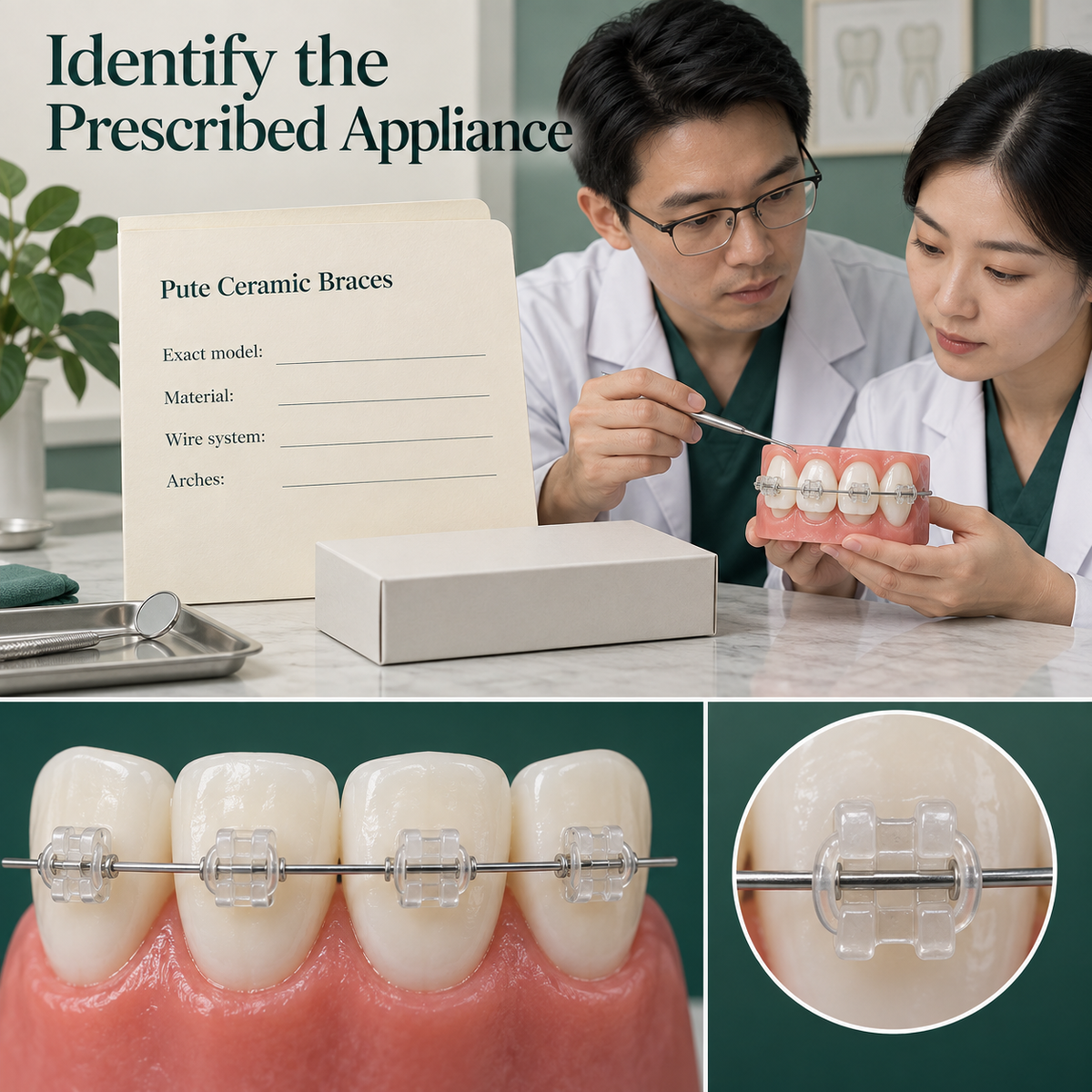 Ivory prescription folder with text "Pute Ceramic Braces" and blank fields "Exact model", "Material", "Wire system", "Arches". Educational illustration.