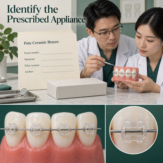 Ivory prescription folder with text "Pute Ceramic Braces" and blank fields "Exact model", "Material", "Wire system", "Arches". Educational illustration.