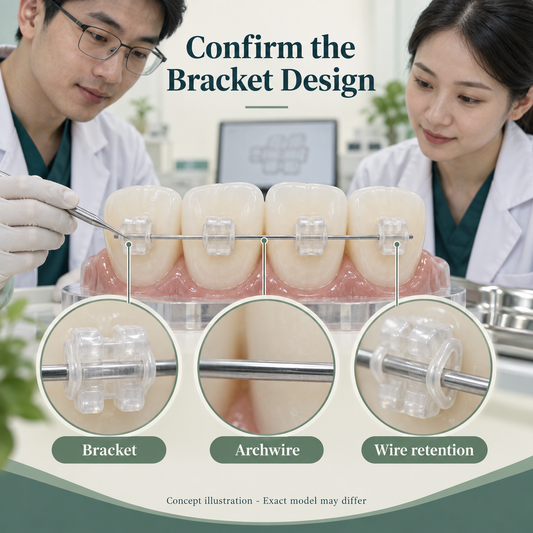 Educational macro of ONE translucent tooth-coloured ceramic conventional bracket with a thin archwire and a neutral ligature tie. Educational illustration.