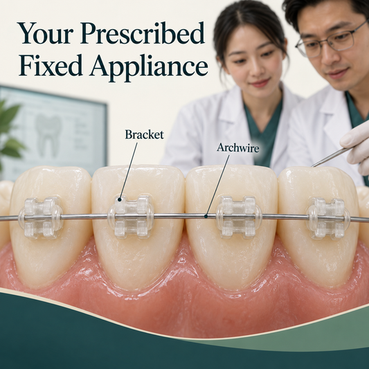 Large educational macro four natural ivory teeth with small translucent tooth-coloured ceramic brackets on OUTER faces and one metal archwire with simple conventional bracket wings and neutral ligature ties. Educational illustration.