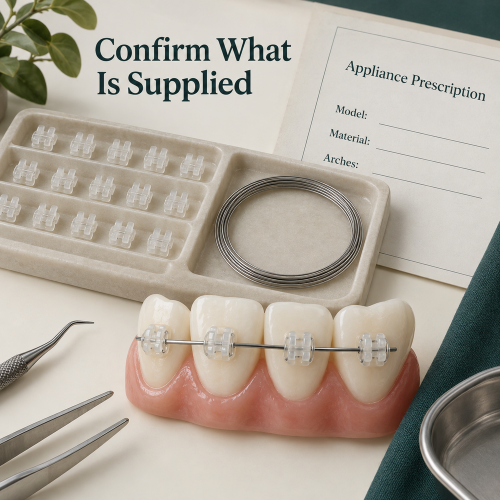 Flatlay unbranded translucent tooth-coloured ceramic bracket tray and coiled archwire beside blank order sheet "Appliance Prescription", fields "Model", "Material", "Arches". Educational illustration.