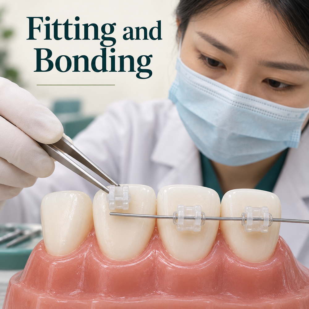 Close educational macro tweezers positioning one translucent tooth-coloured ceramic bracket on OUTER incisor surface with adjacent tooth bare. Educational illustration.