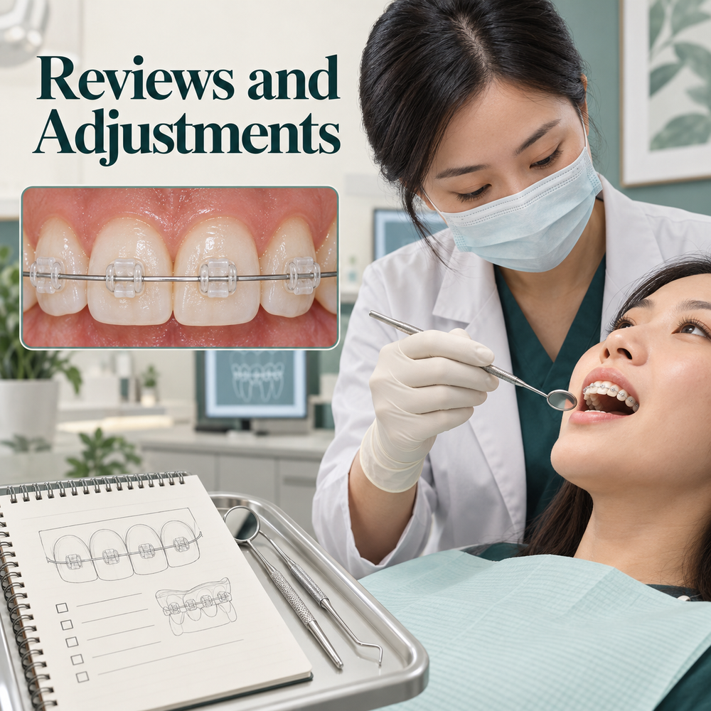 Chinese female orthodontist in mask checks adult patient fixed braces with translucent tooth-coloured ceramic brackets and slim archwire using dental mirror. Educational illustration.