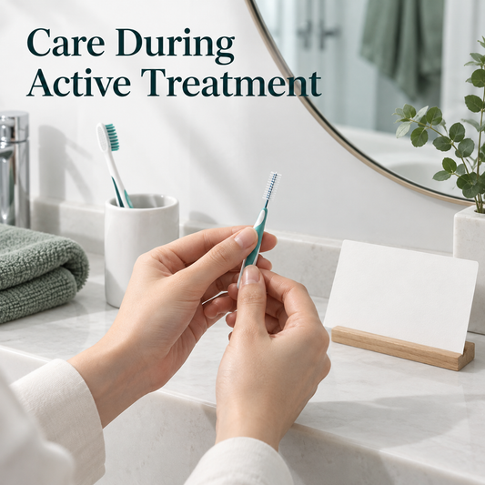 Cleaning and attendance continue throughout fixed treatment. Educational illustration.