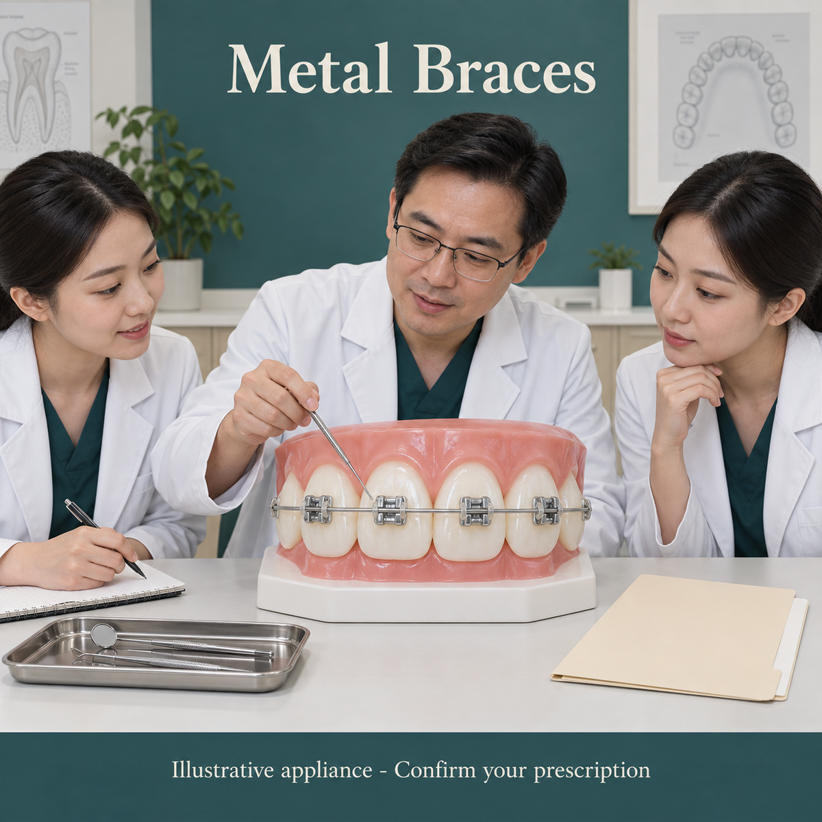 Large teaching upper dental arch with silver metal brackets centered on OUTER tooth faces, one slim metal archwire with simple conventional bracket wings and neutral ligature ties. Educational illustration.