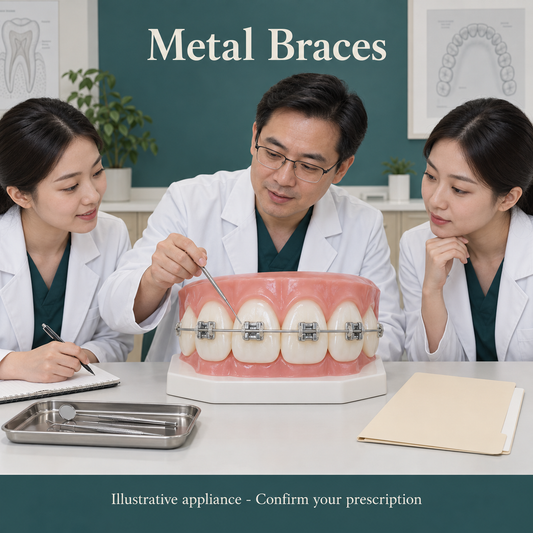 Large teaching upper dental arch with silver metal brackets centered on OUTER tooth faces, one slim metal archwire with simple conventional bracket wings and neutral ligature ties. Educational illustration.