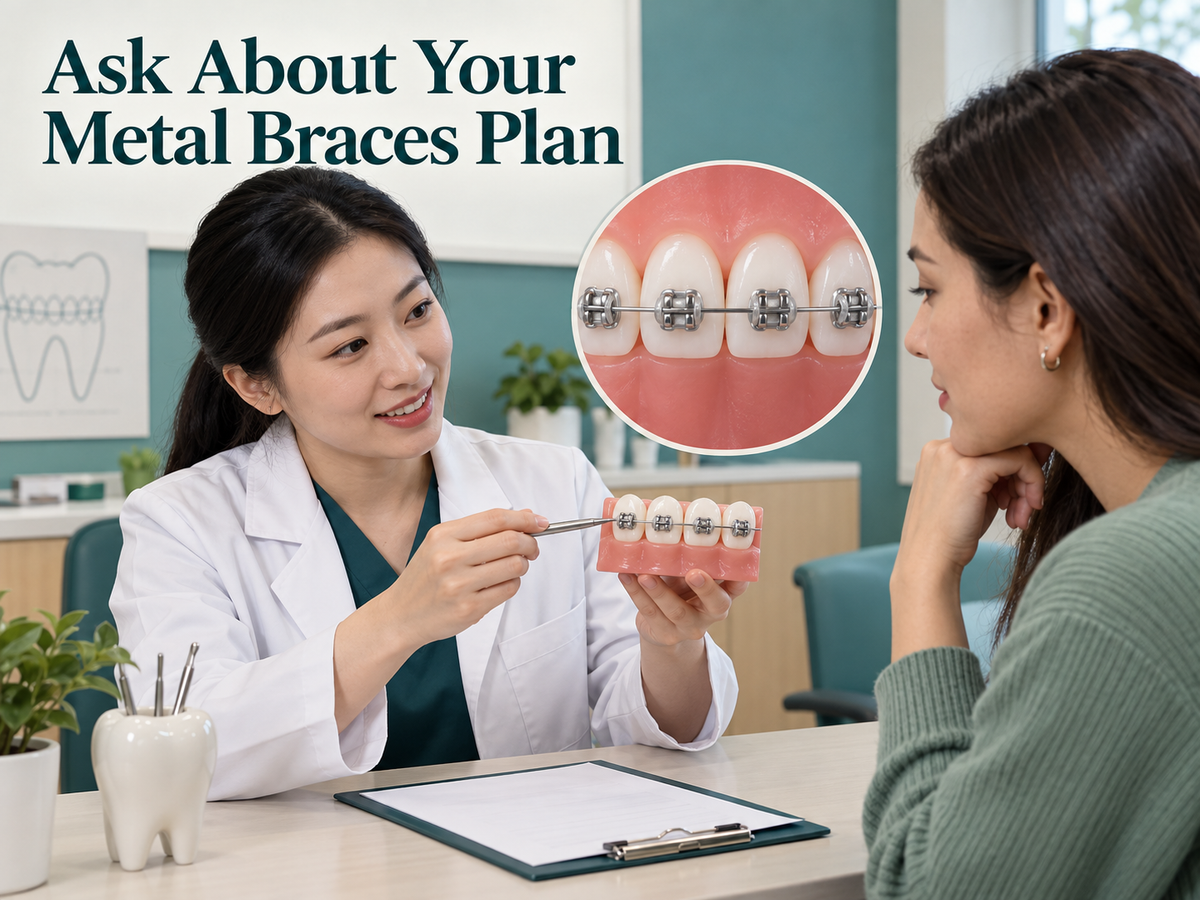 Chinese female orthodontist explains a teaching model with silver metal OUTER brackets and slim archwire to an adult international patient at a clinic desk. Educational illustration.