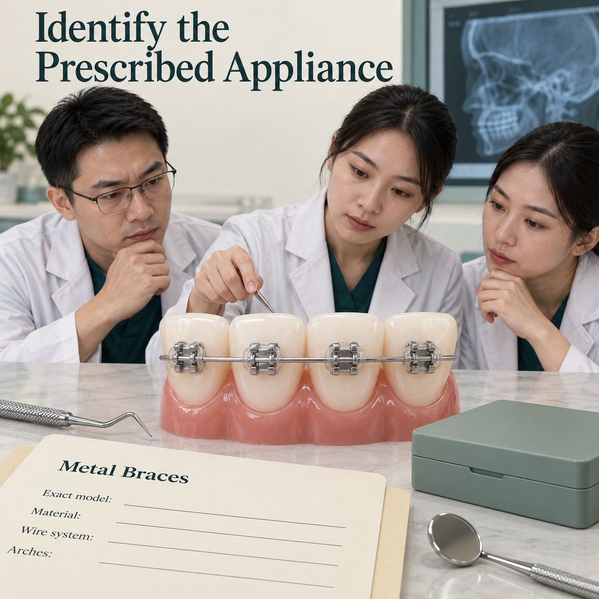 Ivory prescription folder with text "Metal Braces" and blank fields "Exact model", "Material", "Wire system", "Arches". Educational illustration.