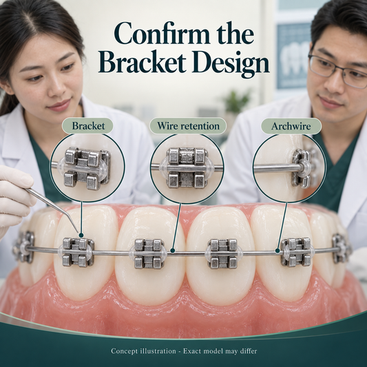 Educational macro of ONE silver metal conventional bracket with a thin archwire and a neutral ligature tie. Educational illustration.