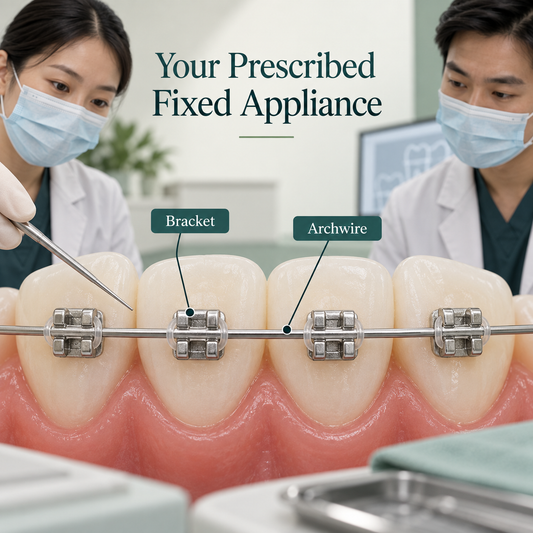 Large educational macro four natural ivory teeth with small silver metal brackets on OUTER faces and one metal archwire with simple conventional bracket wings and neutral ligature ties. Educational illustration.
