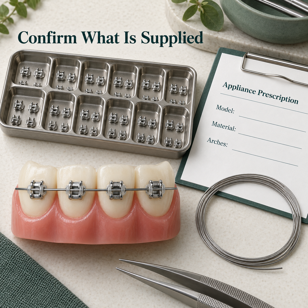 Flatlay unbranded silver metal bracket tray and coiled archwire beside blank order sheet "Appliance Prescription", fields "Model", "Material", "Arches". Educational illustration.