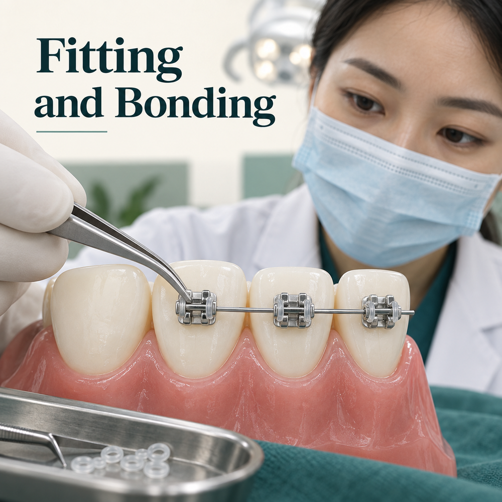 Close educational macro tweezers positioning one silver metal bracket on OUTER incisor surface with adjacent tooth bare. Educational illustration.