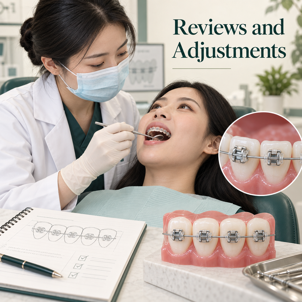Chinese female orthodontist in mask checks adult patient fixed braces with silver metal brackets and slim archwire using dental mirror. Educational illustration.