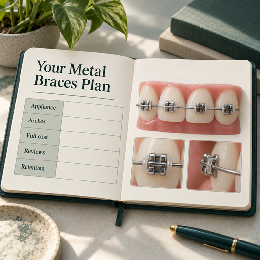 Open folio titled "Your Metal Braces Plan", blank rows "Appliance", "Arches", "Full cost", "Reviews", "Retention". Educational illustration.