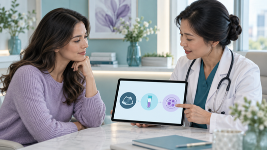 Adult woman reviewing a focused breast and cervical screening plan with a female physician