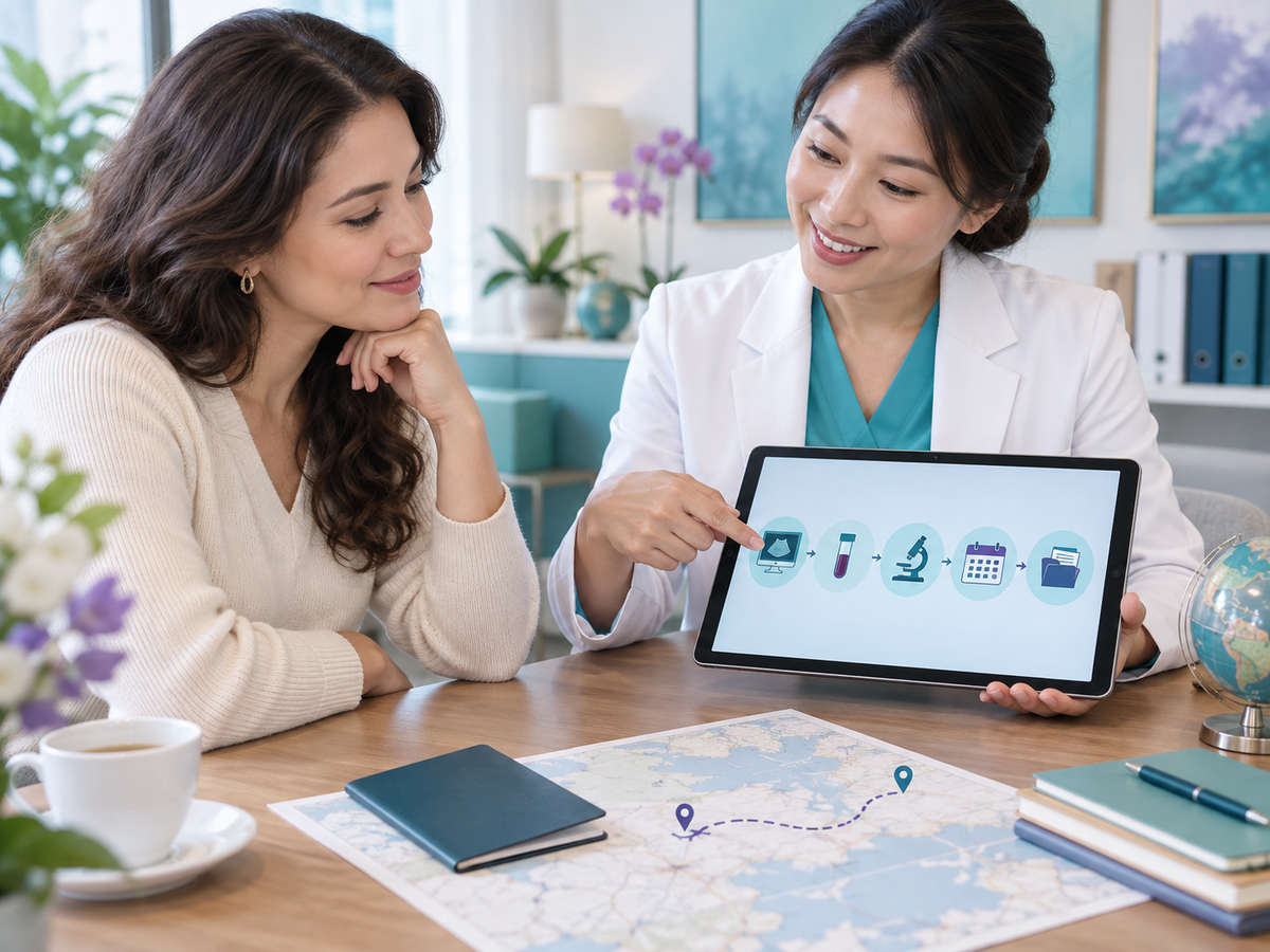 International patient coordinator reviewing a breast and cervical screening itinerary