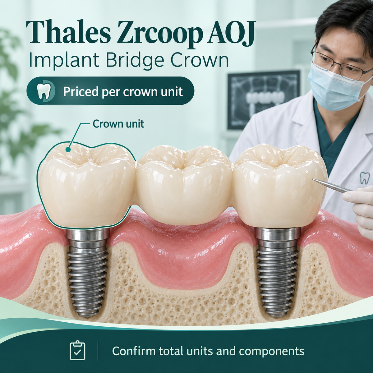 A highlighted crown unit within an illustrative implant-supported bridge. Educational illustration.
